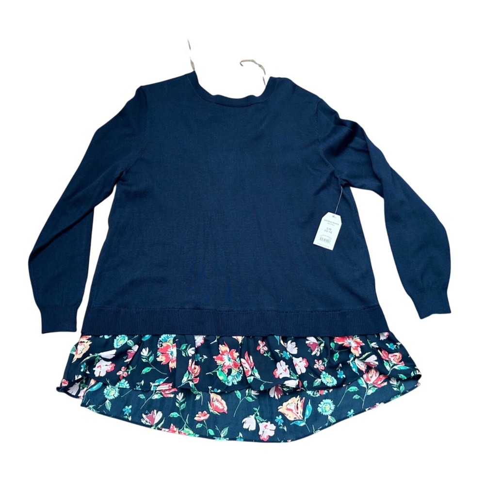 Time and Tru Womens Blue Cove Mixed Media Floral Back Split Layer Sweater L